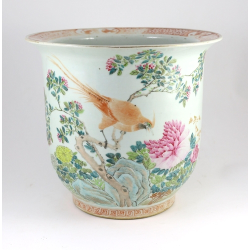 188 - A large Chinese famille rose 'chicken' flower pot, early 20th century, painted with a Cockrell and a... 