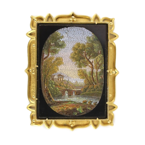 19 - A 19th century Italian gold mounted micro-mosaic plaque, depicting an Italianate landscape, 5.5 x 4.... 