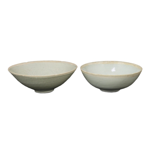 193 - Two Chinese Qingbai bowls, Song dynasty, the first with petal lobed rim, incised with flowers to the... 