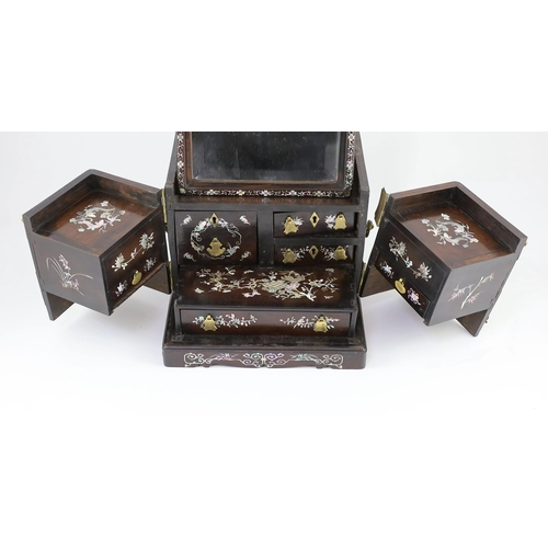 206 - A Chinese hongmu and mother-of-pearl make up or jewellery box, late 19th century, Decorated with but... 