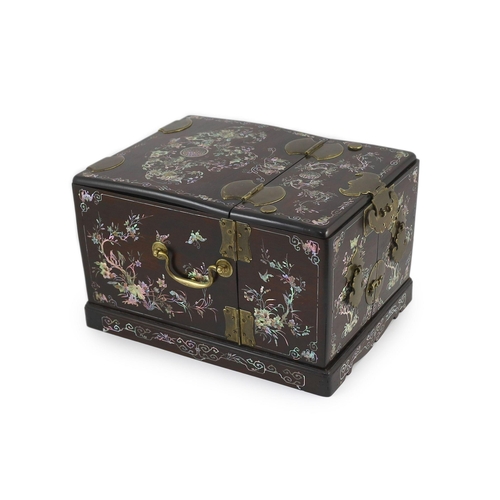 206 - A Chinese hongmu and mother-of-pearl make up or jewellery box, late 19th century, Decorated with but... 