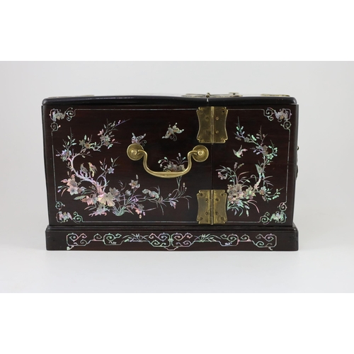 206 - A Chinese hongmu and mother-of-pearl make up or jewellery box, late 19th century, Decorated with but... 