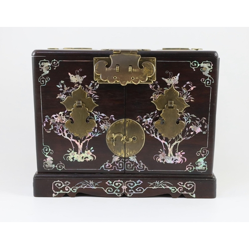 206 - A Chinese hongmu and mother-of-pearl make up or jewellery box, late 19th century, Decorated with but... 