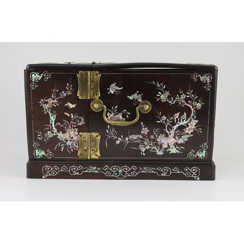 206 - A Chinese hongmu and mother-of-pearl make up or jewellery box, late 19th century, Decorated with but... 