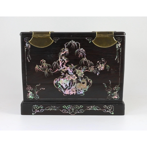 206 - A Chinese hongmu and mother-of-pearl make up or jewellery box, late 19th century, Decorated with but... 