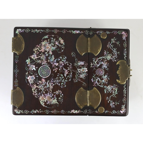 206 - A Chinese hongmu and mother-of-pearl make up or jewellery box, late 19th century, Decorated with but... 