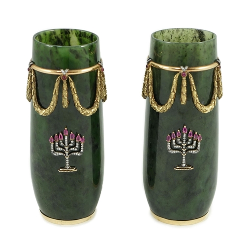 21 - A pair of 20th century Russian style 18K gold, nephrite, diamond and ruby set vases, c.1970 applied ... 