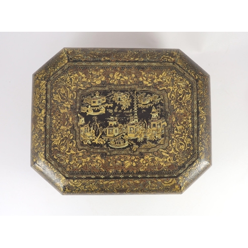 214 - A Chinese gilt-decorated lacquer games box, mid 19th century, typically decorated with figures amid ... 