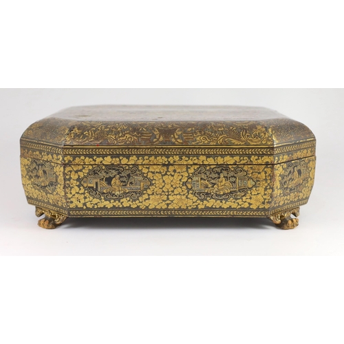 214 - A Chinese gilt-decorated lacquer games box, mid 19th century, typically decorated with figures amid ... 