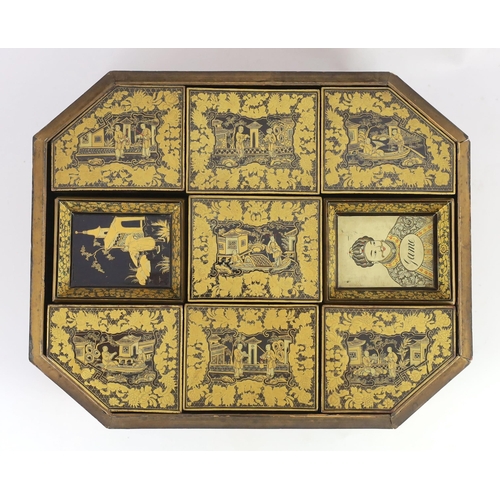 214 - A Chinese gilt-decorated lacquer games box, mid 19th century, typically decorated with figures amid ... 