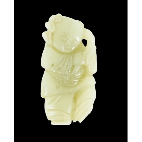 217 - A Chinese celadon jade figure of a boy holding a lotus sprig, 19th century 5.2 cm high