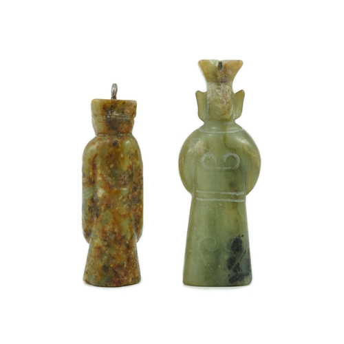 219 - Two Chinese archaic jade figures of a man, probably Western Zhou to Han dynasty, the smaller highly ... 