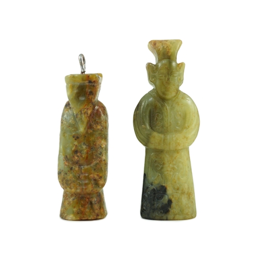 219 - Two Chinese archaic jade figures of a man, probably Western Zhou to Han dynasty, the smaller highly ... 