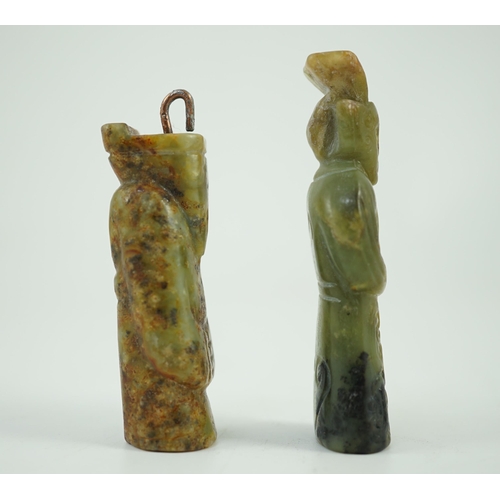 219 - Two Chinese archaic jade figures of a man, probably Western Zhou to Han dynasty, the smaller highly ... 