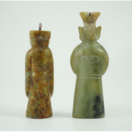 219 - Two Chinese archaic jade figures of a man, probably Western Zhou to Han dynasty, the smaller highly ... 