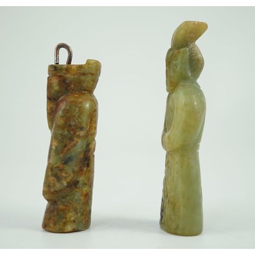 219 - Two Chinese archaic jade figures of a man, probably Western Zhou to Han dynasty, the smaller highly ... 