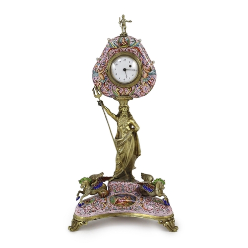 22 - A 19th century Austrian silver-gilt and painted enamel timepiece, Karl Bender, c.1880, heart shaped,... 