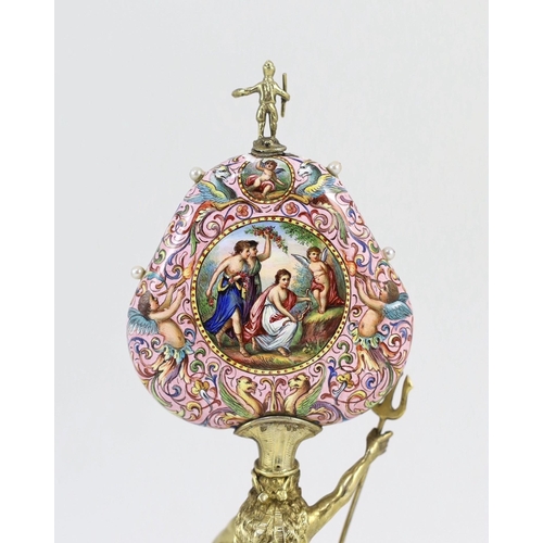 22 - A 19th century Austrian silver-gilt and painted enamel timepiece, Karl Bender, c.1880, heart shaped,... 