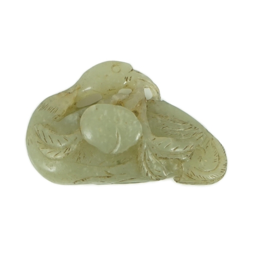 221 - A Chinese pale celadon jade carving of a duck, possibly Jin-Yuan dynasty its head turned backward an... 