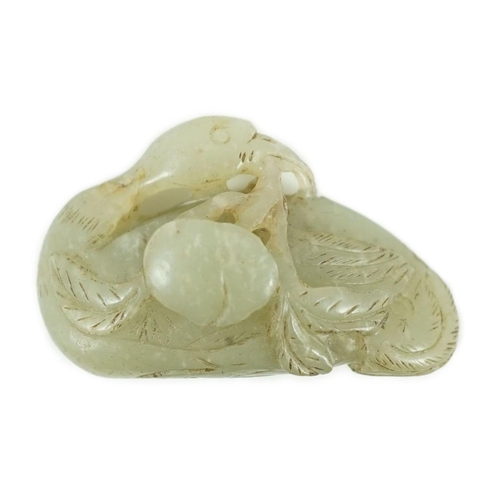 221 - A Chinese pale celadon jade carving of a duck, possibly Jin-Yuan dynasty its head turned backward an... 