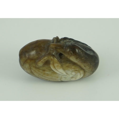 223 - A Chinese white and black jade 'duck' pebble carving, Song dynasty or later the duck with its head b... 