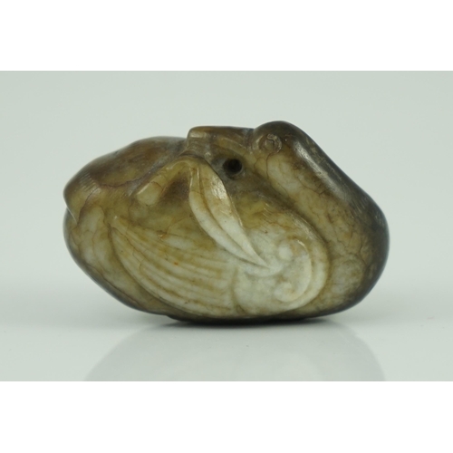 223 - A Chinese white and black jade 'duck' pebble carving, Song dynasty or later the duck with its head b... 