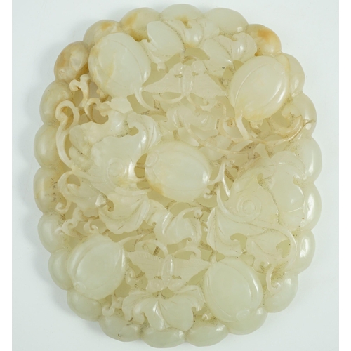 227 - A Chinese pale celadon jade oval openwork plaque, 19th century, probably taken from a ruyi sceptre, ... 