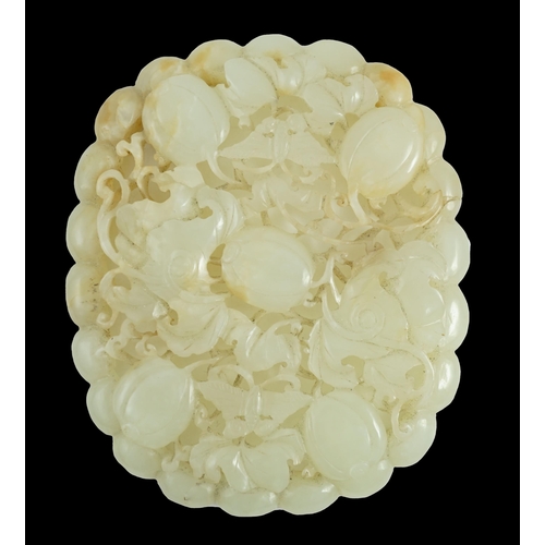 227 - A Chinese pale celadon jade oval openwork plaque, 19th century, probably taken from a ruyi sceptre, ... 