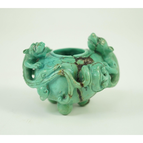 232 - A small Chinese turquoise matrix waterpot, 18th/19th century carved in high relief and open work wit... 