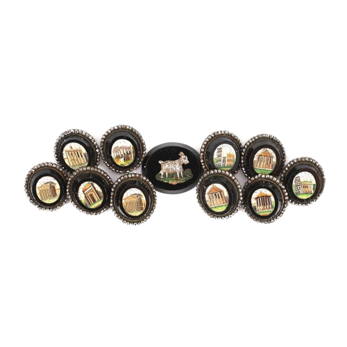 24 - A set of ten 19th century Italian micro-mosaic buttons, mounted within cut steel borders, each depic... 