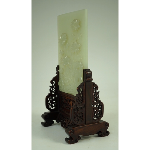 241 - A good Chinese celadon jade peonies and rockwork small table screen and stand, 18th/19th century, ... 