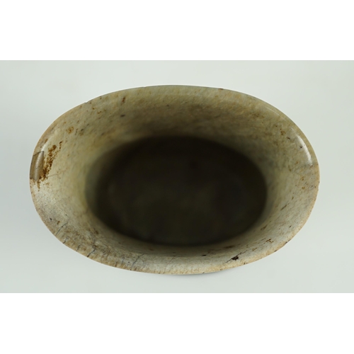 242 - A Chinese archaistic burnt chicken bone jade oval cup, chan, probably Song dynasty, carved in low ... 