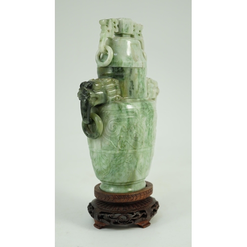 246 - A Chinese archaistic jadeite two-handled vase and cover, first half 20th century, of flattened balus... 