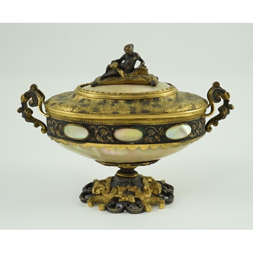 25 - A 19th century Italian silvered and ormolu mounted mother of pearl casket, of urn form, with figural... 