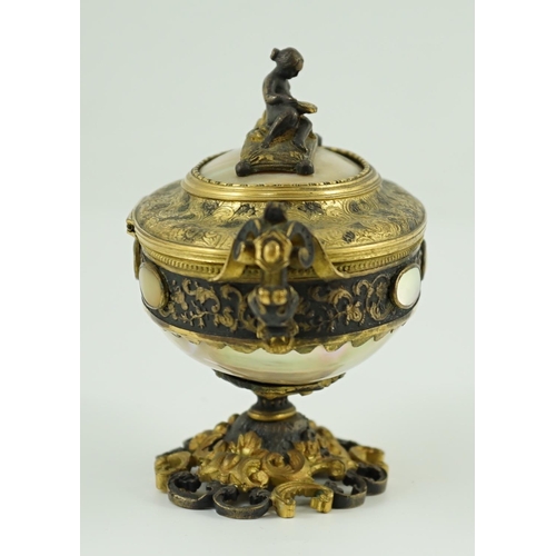 25 - A 19th century Italian silvered and ormolu mounted mother of pearl casket, of urn form, with figural... 