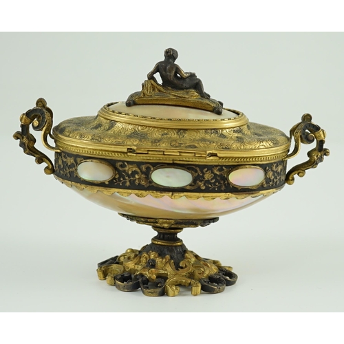 25 - A 19th century Italian silvered and ormolu mounted mother of pearl casket, of urn form, with figural... 