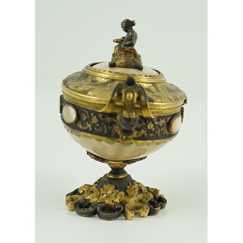 25 - A 19th century Italian silvered and ormolu mounted mother of pearl casket, of urn form, with figural... 