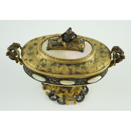 25 - A 19th century Italian silvered and ormolu mounted mother of pearl casket, of urn form, with figural... 