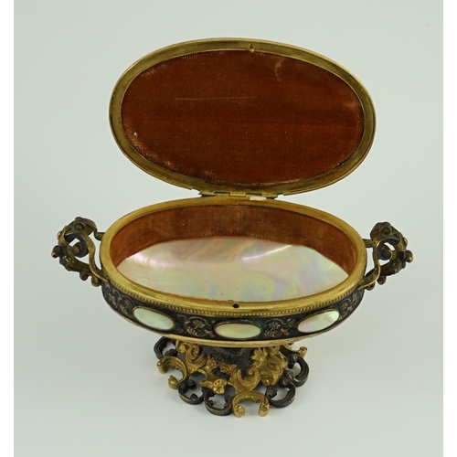 25 - A 19th century Italian silvered and ormolu mounted mother of pearl casket, of urn form, with figural... 