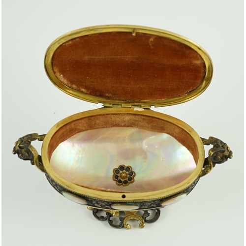 25 - A 19th century Italian silvered and ormolu mounted mother of pearl casket, of urn form, with figural... 