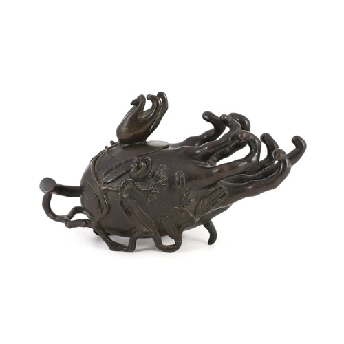 255 - A Chinese bronze finger citron censer and cover, late Ming dynasty, modelled with leaves, tendrils... 