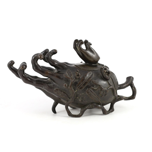 255 - A Chinese bronze finger citron censer and cover, late Ming dynasty, modelled with leaves, tendrils... 