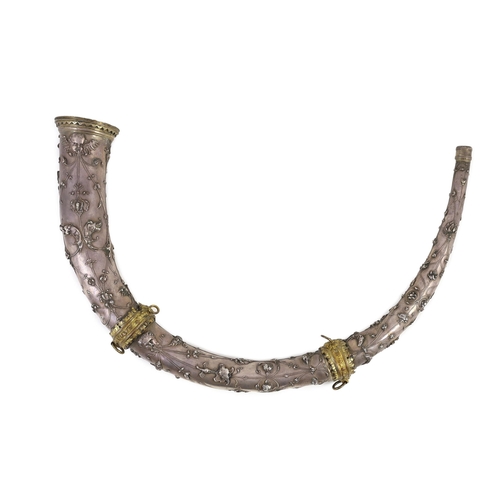 26 - A 19th century Italian white metal hunting horn, with ormolu mounts and flower and mask decoration, ... 