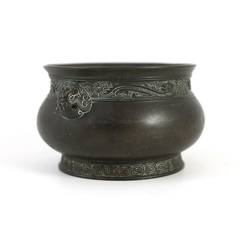 263 - A Chinese archaistic bronze censer, gui, 17th/18th century, cast with a pair of mythical beast mask ... 