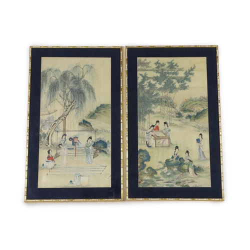 269 - A pair of Chinese silk paintings of ladies in gardens, 19th century, one depicting ladies weaving, t... 