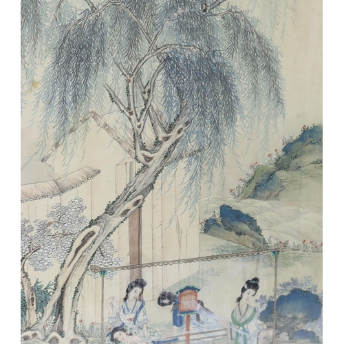 269 - A pair of Chinese silk paintings of ladies in gardens, 19th century, one depicting ladies weaving, t... 