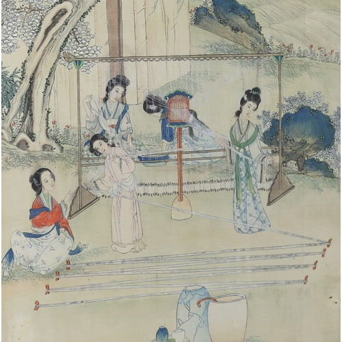 269 - A pair of Chinese silk paintings of ladies in gardens, 19th century, one depicting ladies weaving, t... 