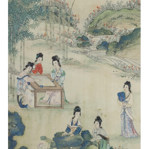 269 - A pair of Chinese silk paintings of ladies in gardens, 19th century, one depicting ladies weaving, t... 