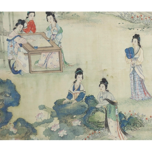 269 - A pair of Chinese silk paintings of ladies in gardens, 19th century, one depicting ladies weaving, t... 