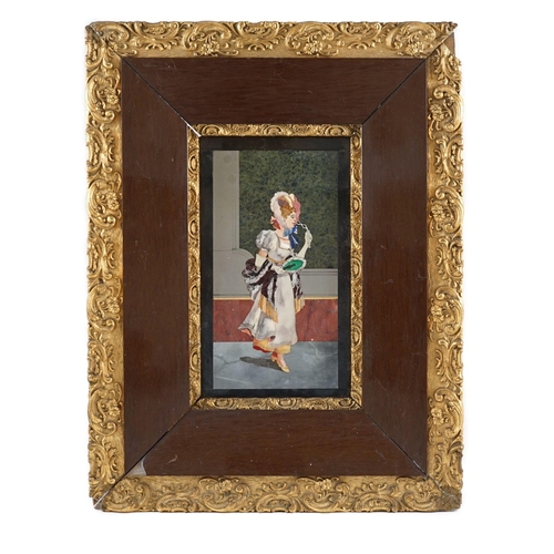 27 - An early 20th century Italian pietra dura plaque depicting an elegant lady holding a lorgnette and f... 